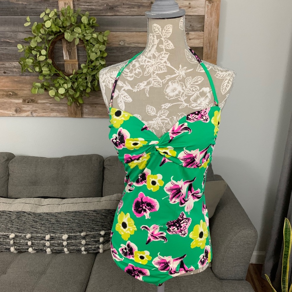 J. Crew Green Floral Twist-Front One-Piece Swimsuit